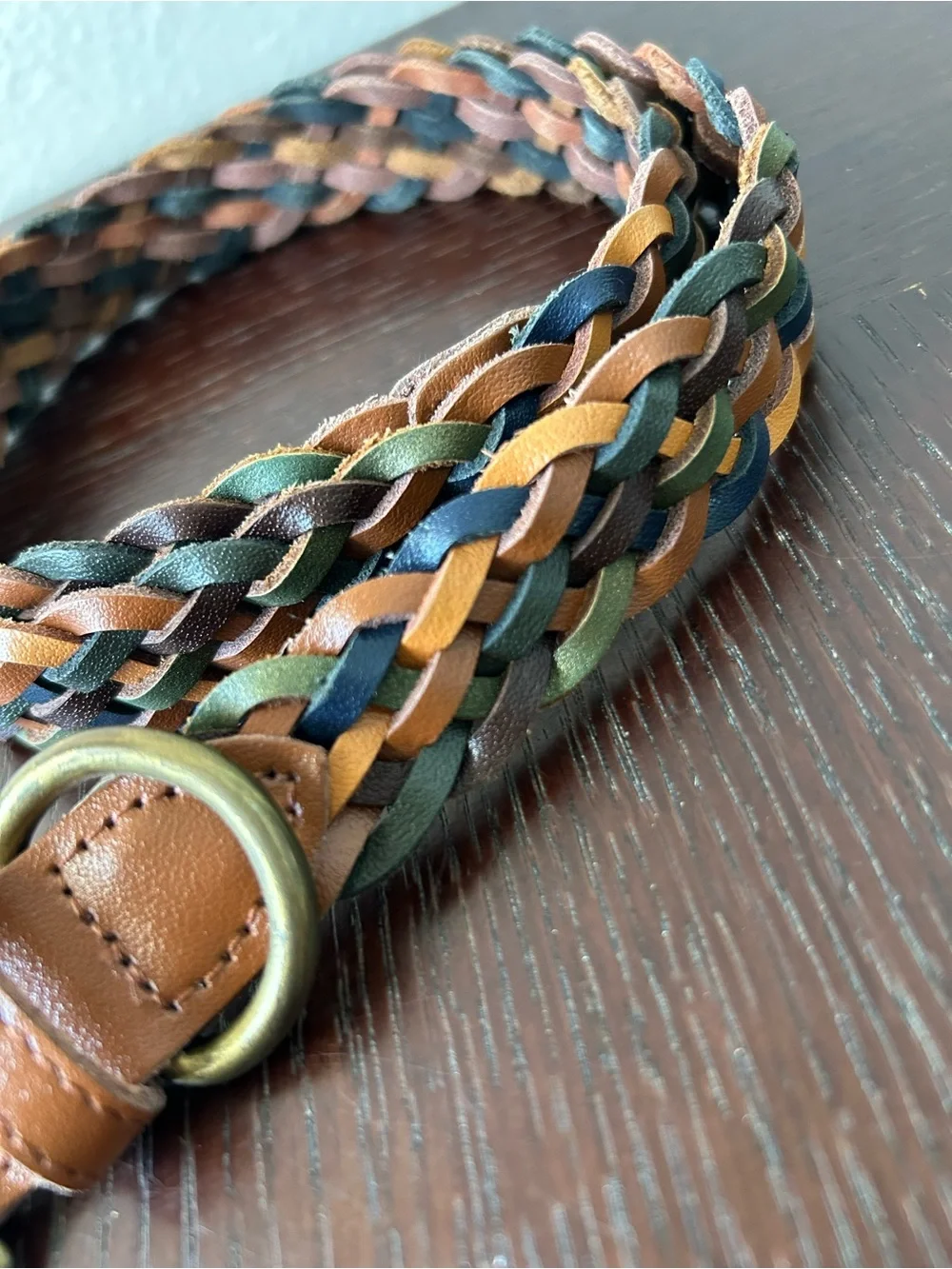 Braided Earthy Bohemian‎ Brass Buckle Adjustable No Holes Woven Leather Belt M-L